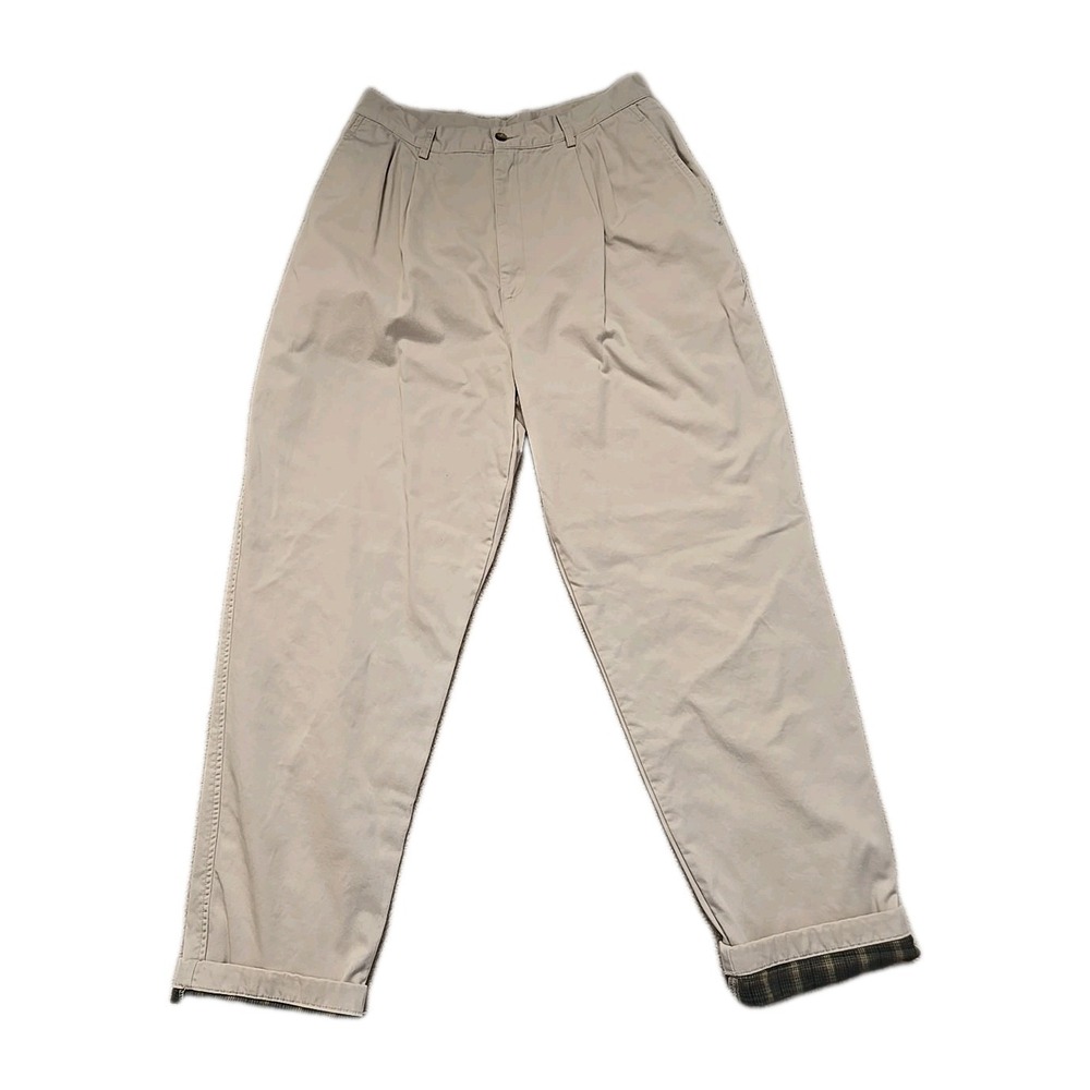 Vintage Lands End Flannel Lined Pants Womens Sz 14 Tall Beige Pleated Cotton USA